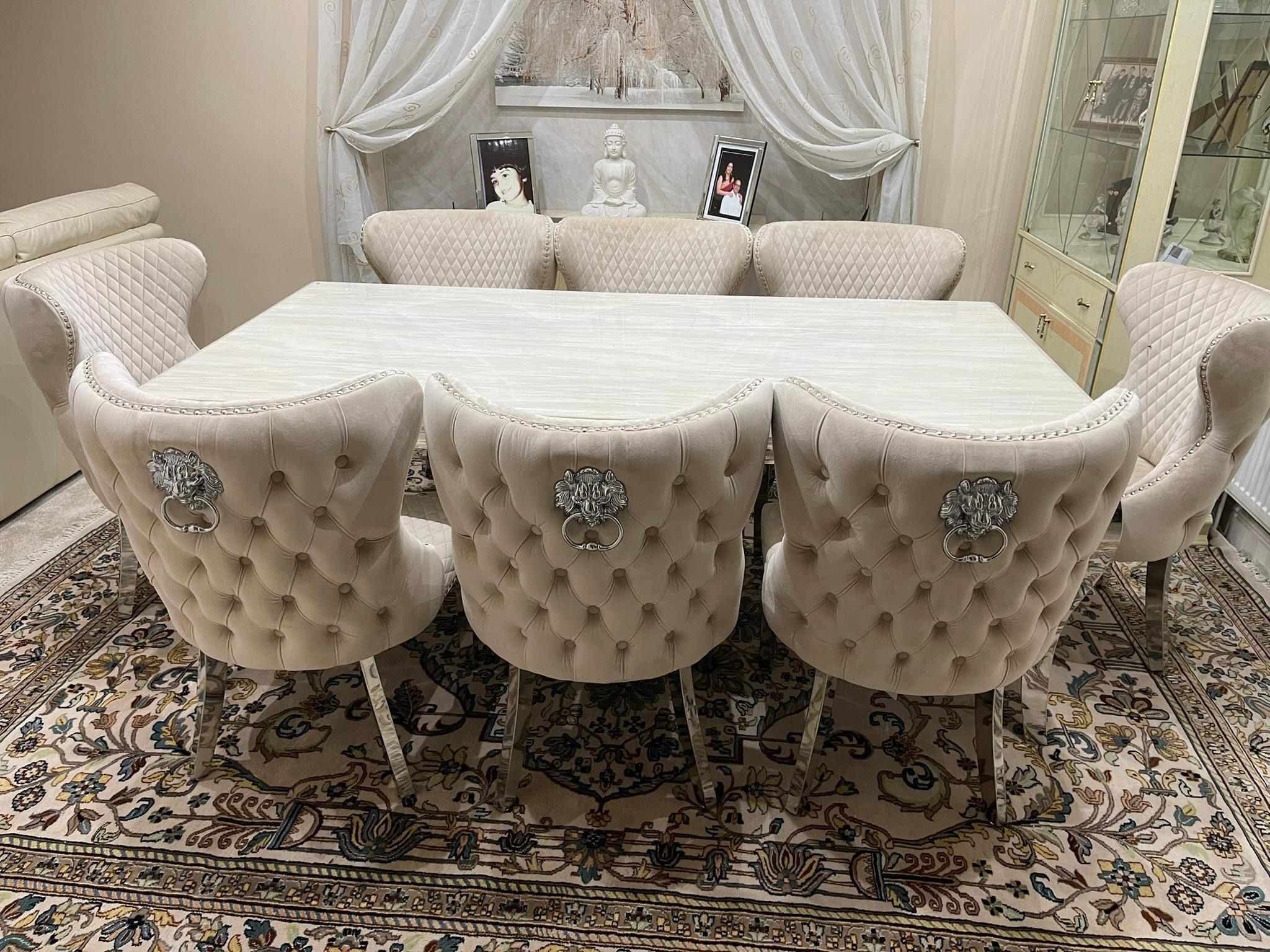 Louis Marble Dining Table 200 cm With 8 Chrome Dining Chairs