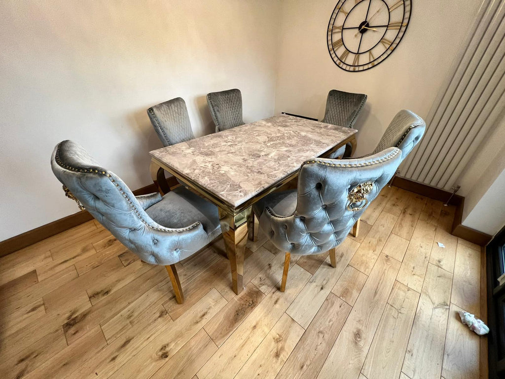Louis 150cm Marble & GOLD Dining Table + Gold Lion Knocker Dining Chairs