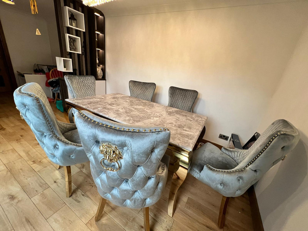 Louis 150cm Marble & GOLD Dining Table + Gold Lion Knocker Dining Chairs