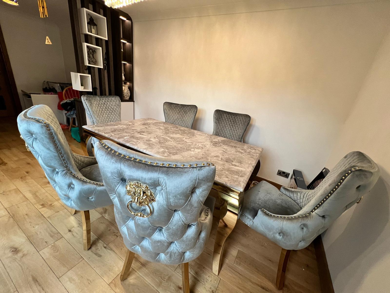 Louis 150cm Marble & GOLD Dining Table + Gold Lion Knocker Dining Chairs