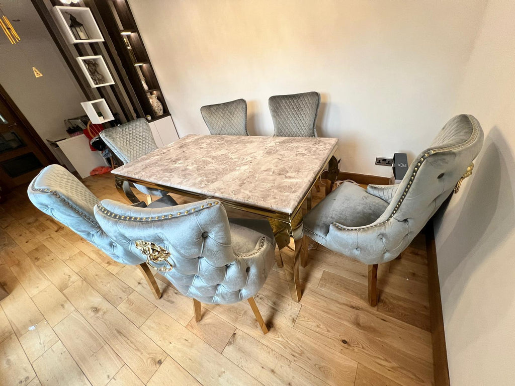 Louis 150cm Marble & GOLD Dining Table + Gold Lion Knocker Dining Chairs
