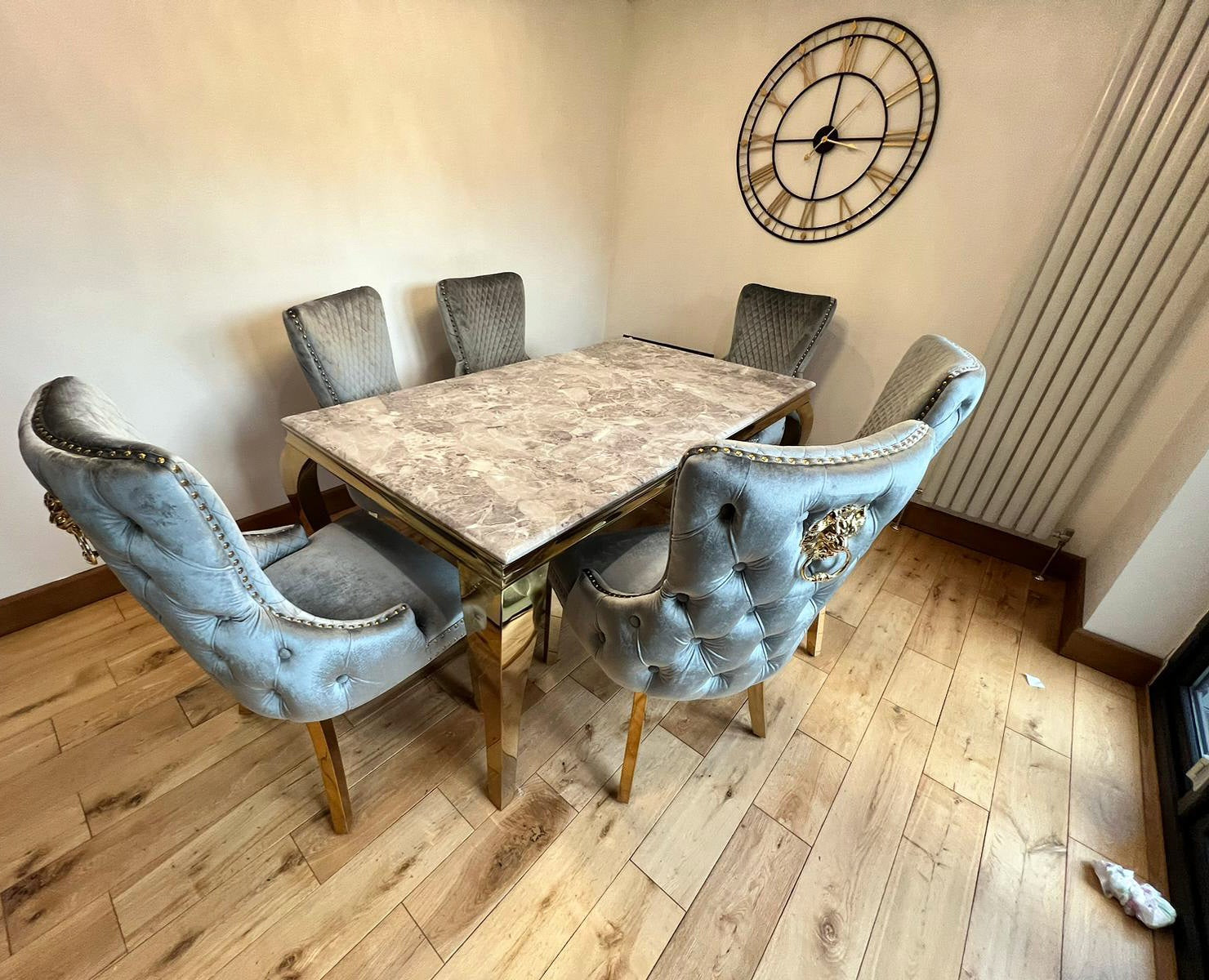 Louis 150cm Marble & GOLD Dining Table + Gold Lion Knocker Dining Chairs