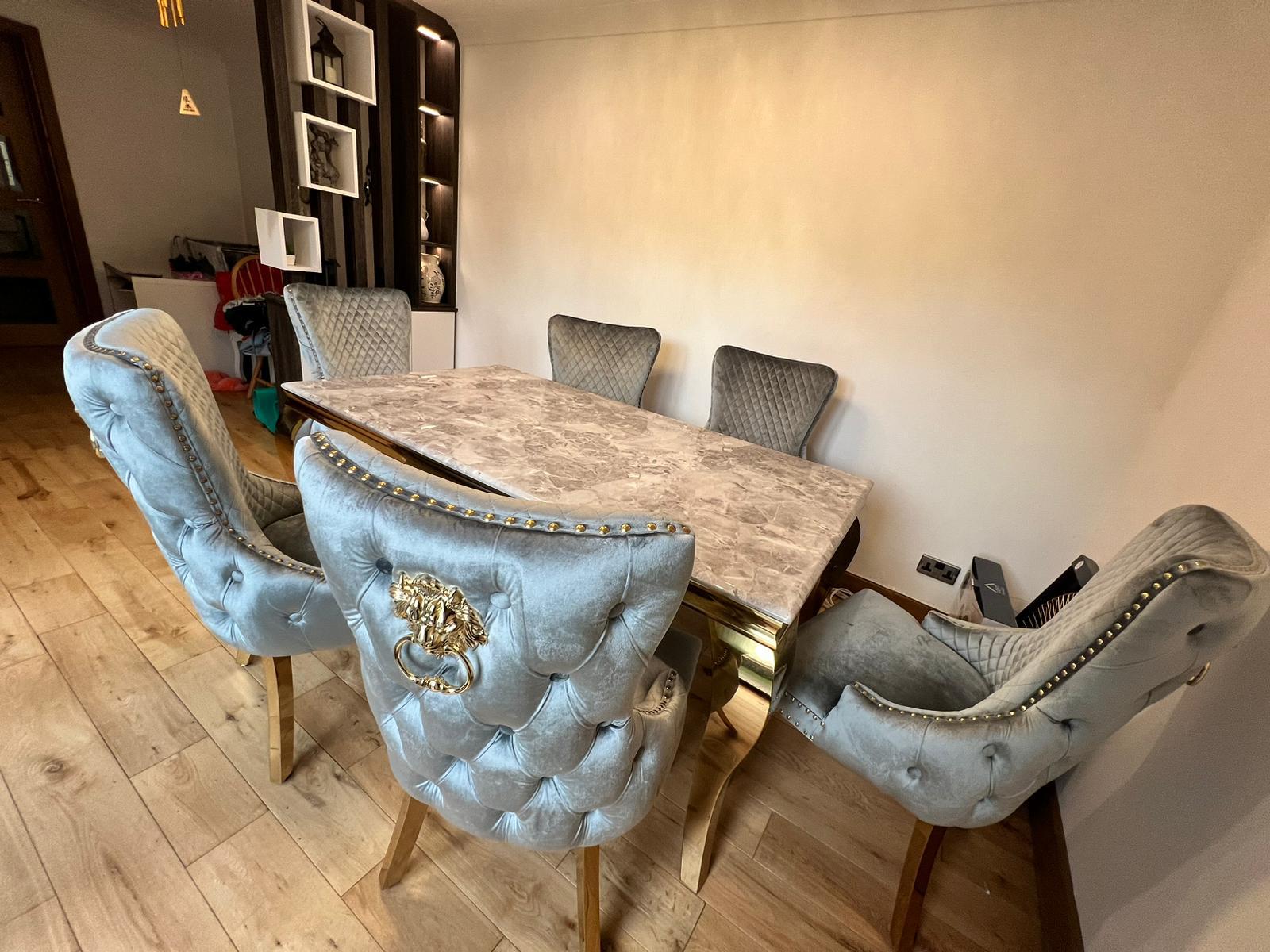 Louis 150cm Marble & GOLD Dining Table + Gold Lion Knocker Dining Chairs