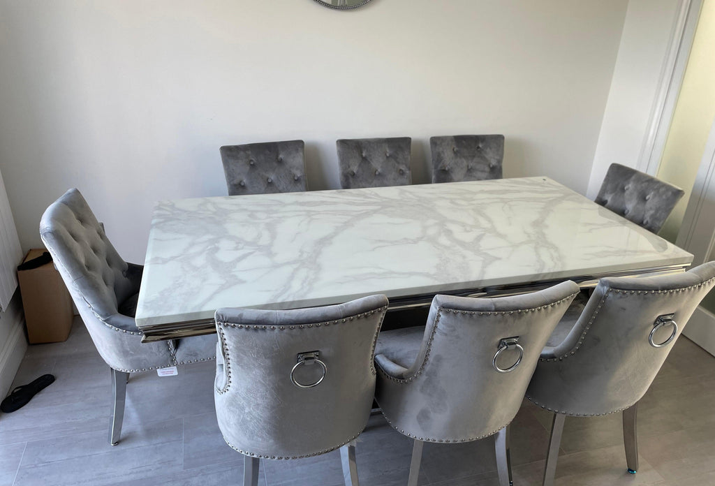 200 cm White Arial Marble Dining Table With 8 Light Grey Lion Knocker Valencia Chairs