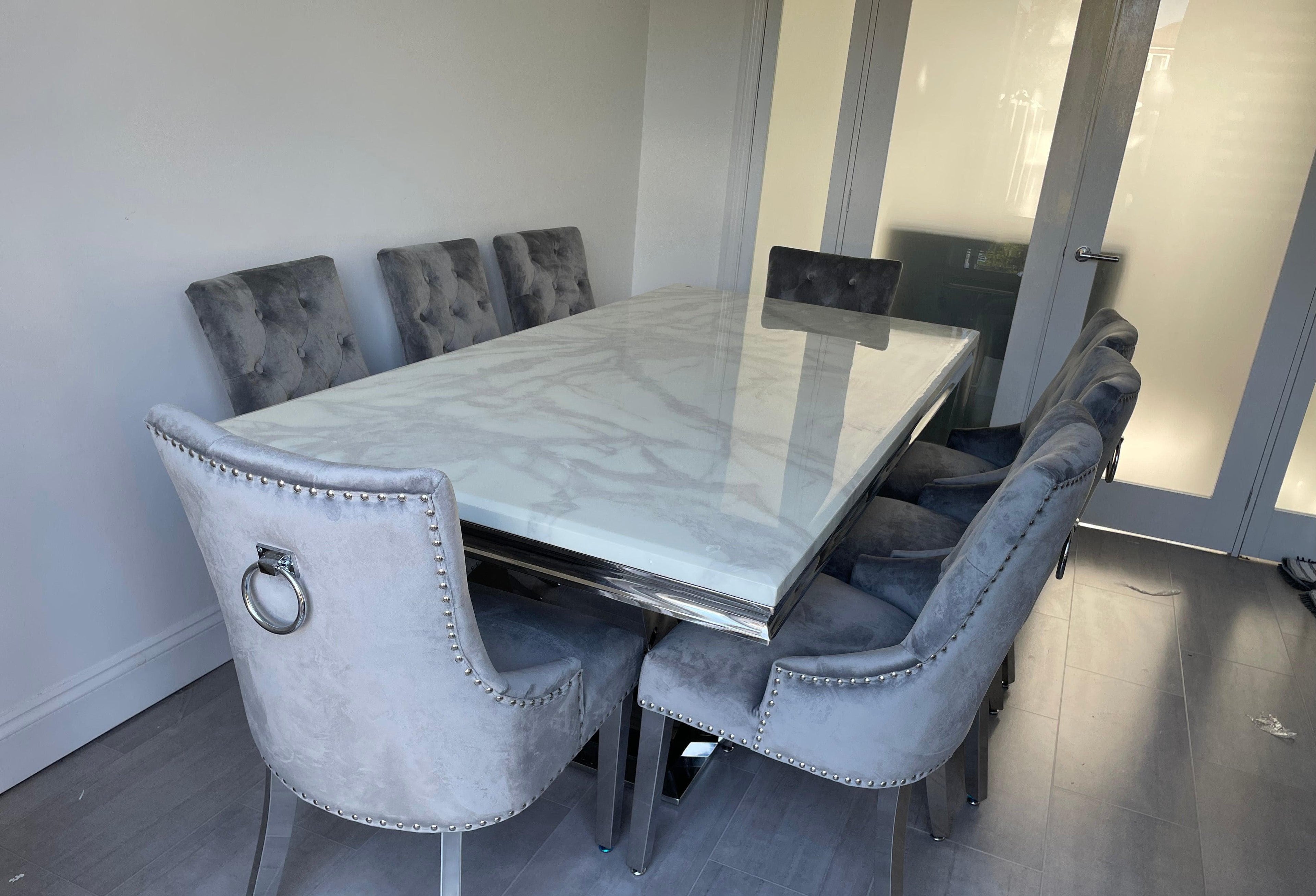 200 cm White Arial Marble Dining Table With 8 Light Grey Lion Knocker Valencia Chairs