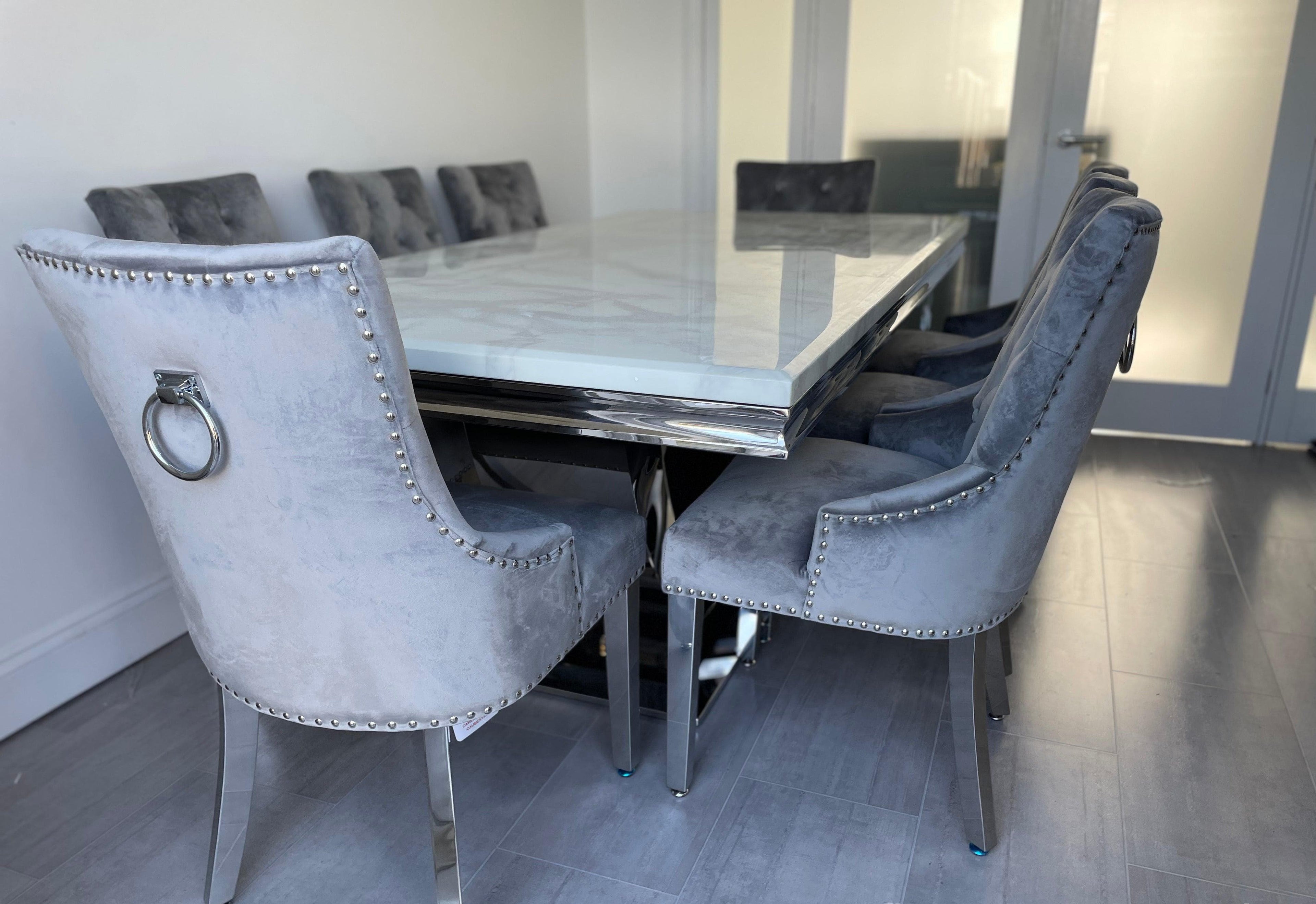 200 cm White Arial Marble Dining Table With 8 Light Grey Lion Knocker Valencia Chairs
