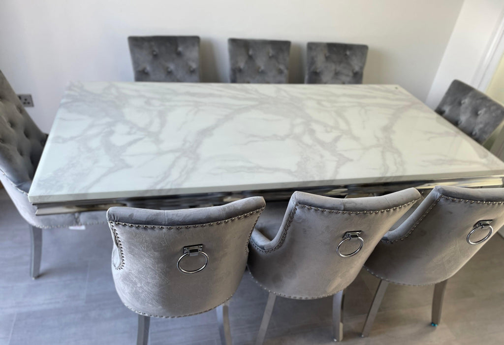 200 cm White Arial Marble Dining Table With 8 Light Grey Lion Knocker Valencia Chairs
