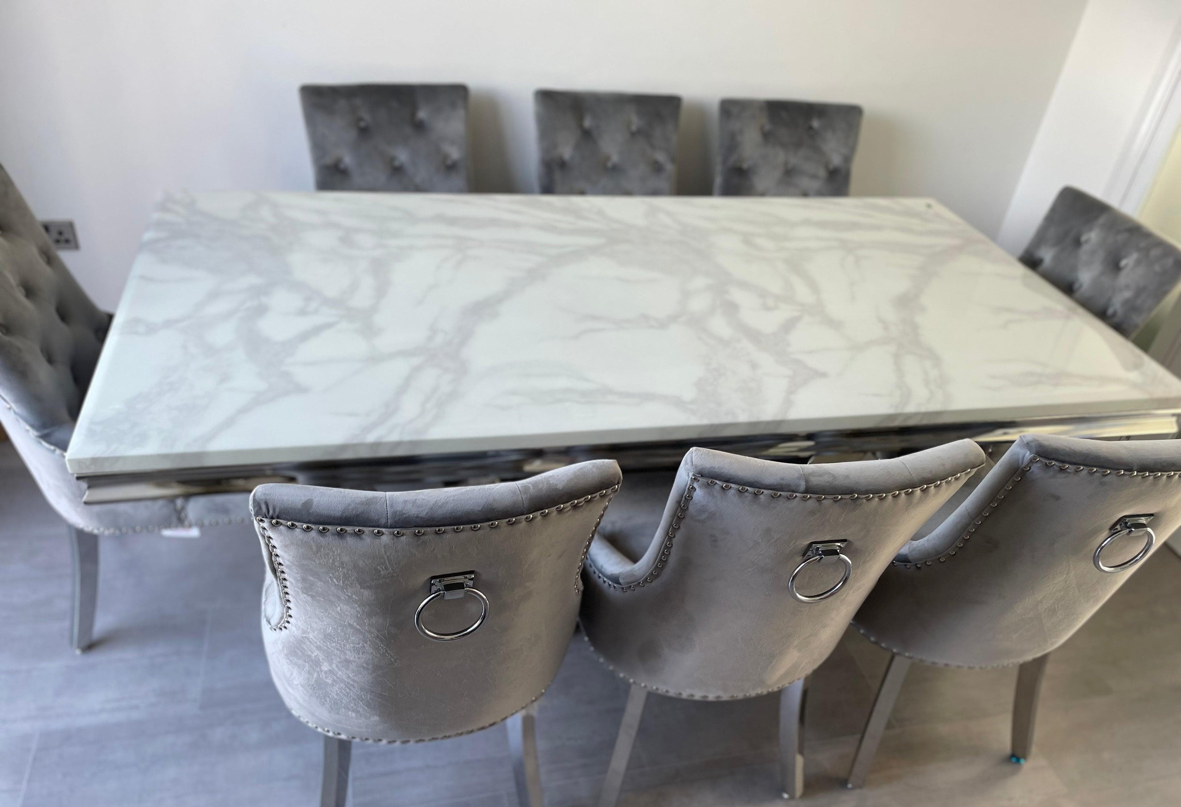200 cm White Arial Marble Dining Table With 8 Light Grey Lion Knocker Valencia Chairs