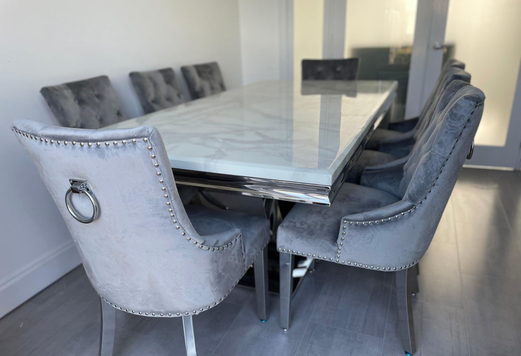 200 cm White Arial Marble Dining Table With 8 Light Grey Lion Knocker Valencia Chairs