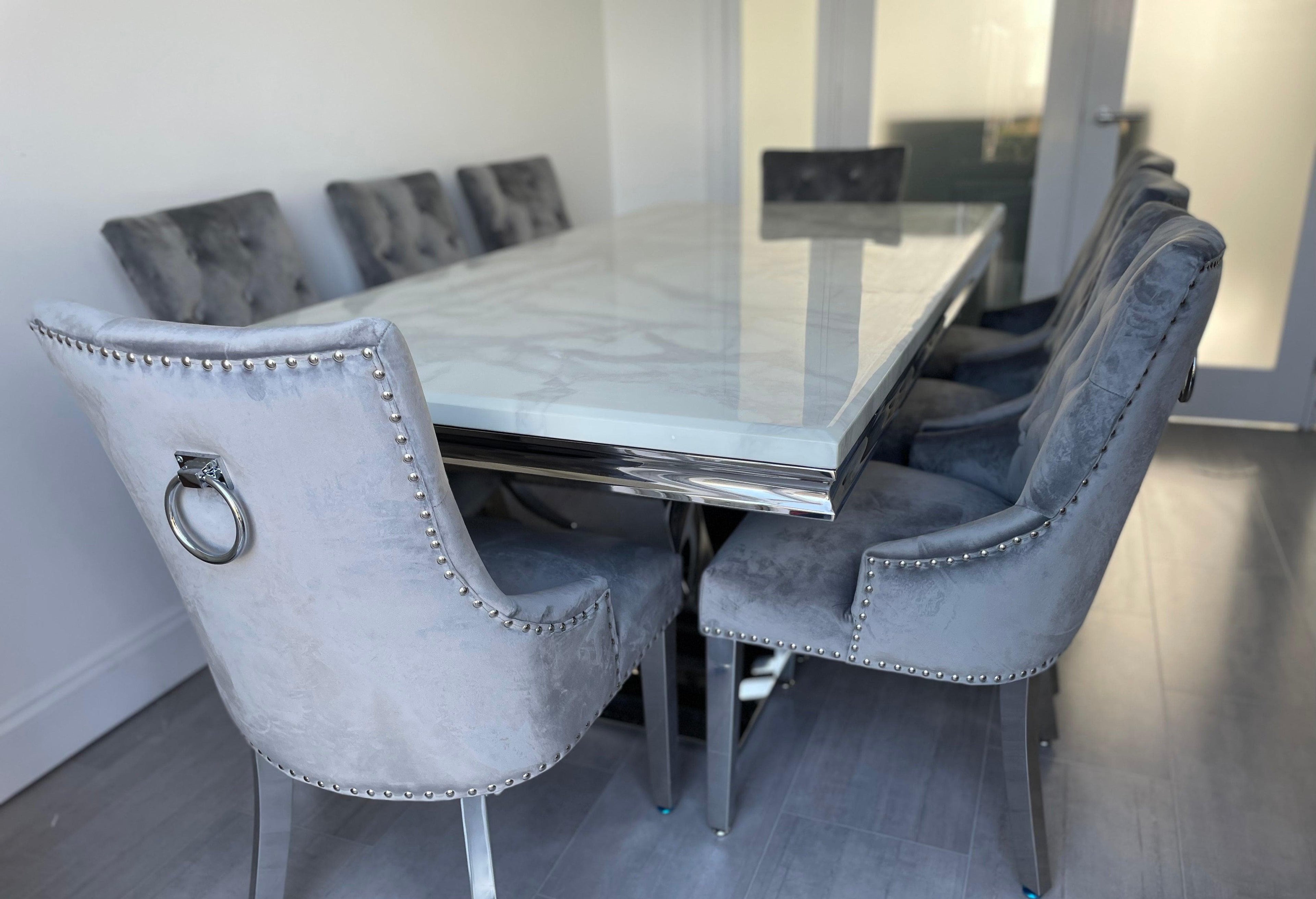 200 cm White Arial Marble Dining Table With 8 Light Grey Lion Knocker Valencia Chairs