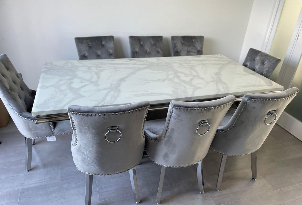 200 cm White Arial Marble Dining Table With 8 Light Grey Lion Knocker Valencia Chairs