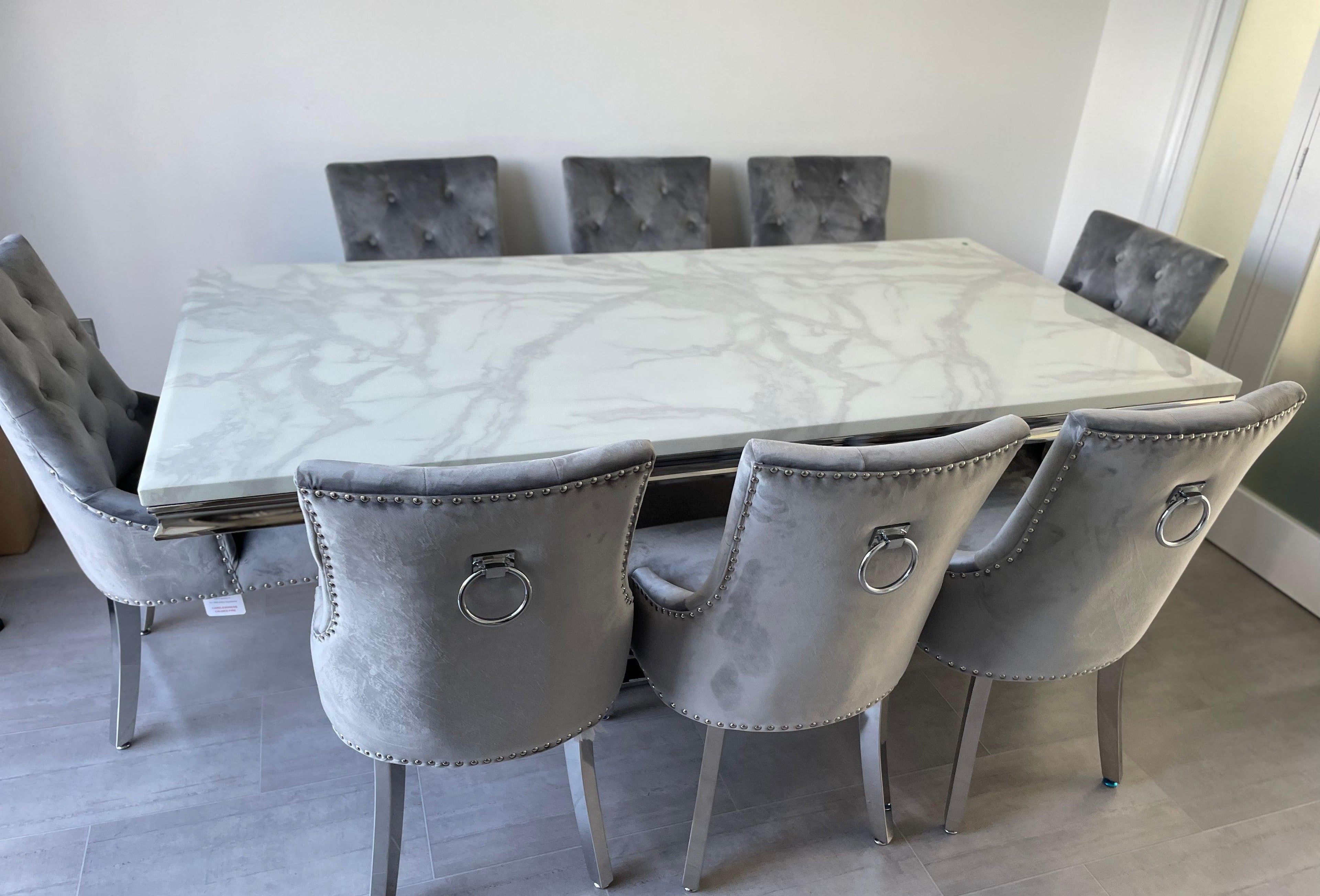 200 cm White Arial Marble Dining Table With 8 Light Grey Lion Knocker Valencia Chairs
