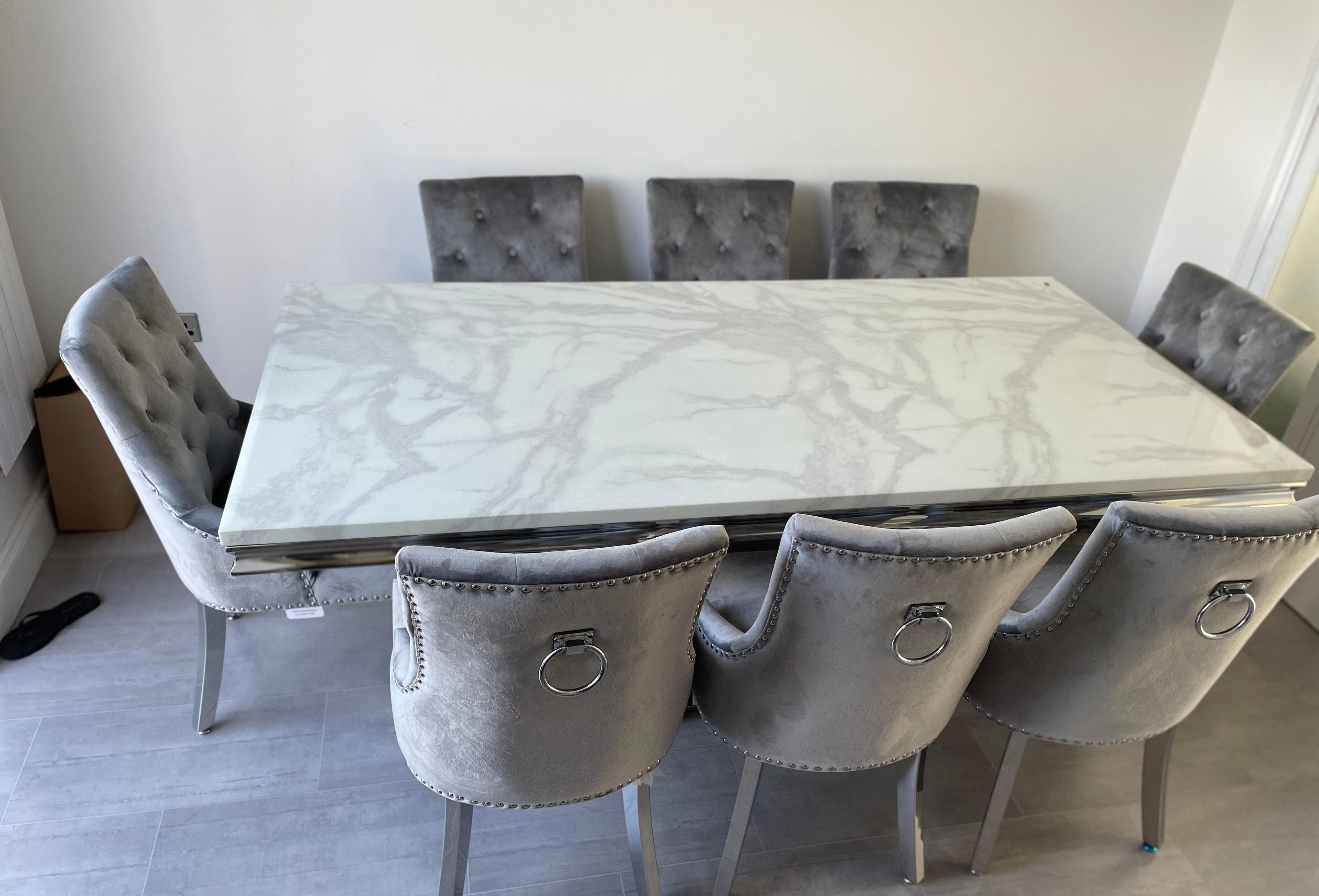 200 cm White Arial Marble Dining Table With 8 Light Grey Lion Knocker Valencia Chairs