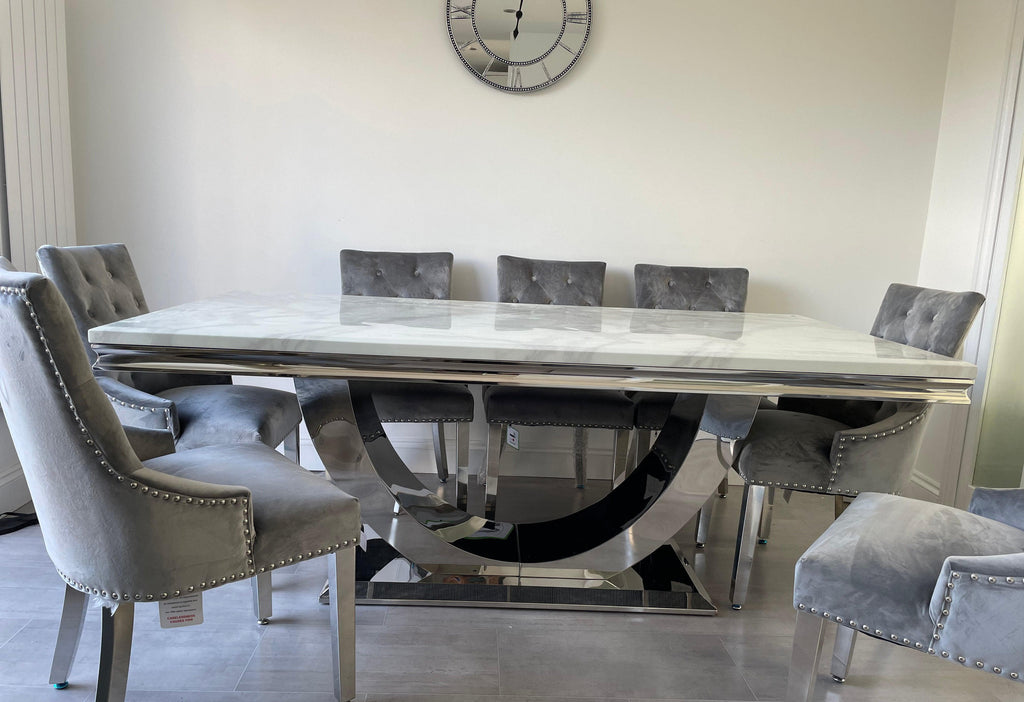 200 cm White Arial Marble Dining Table With 8 Light Grey Lion Knocker Valencia Chairs