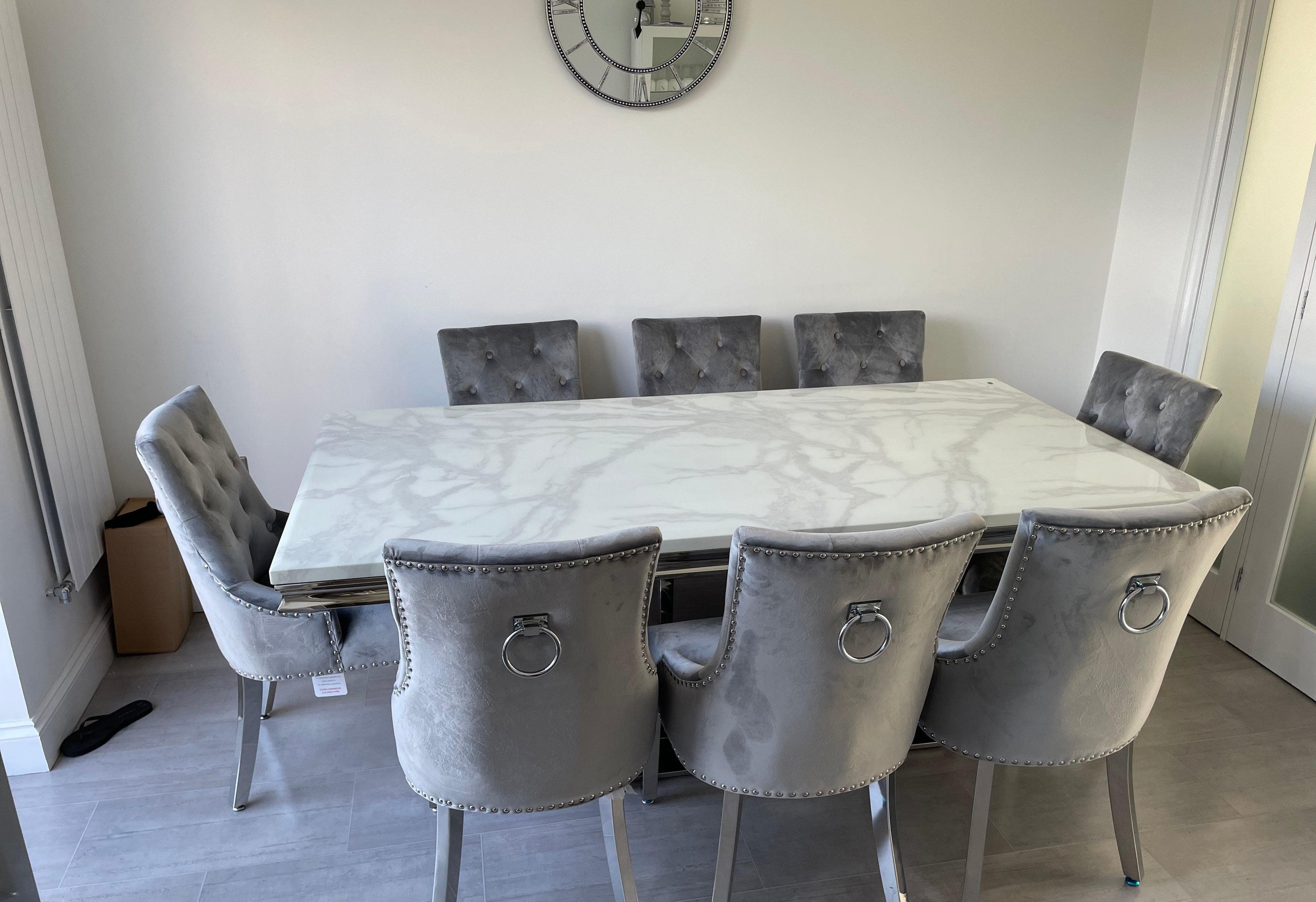 200 cm White Arial Marble Dining Table With 8 Light Grey Lion Knocker Valencia Chairs