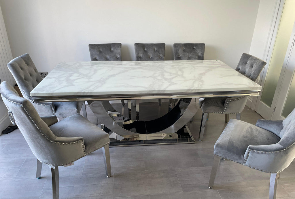 200 cm White Arial Marble Dining Table With 8 Light Grey Lion Knocker Valencia Chairs