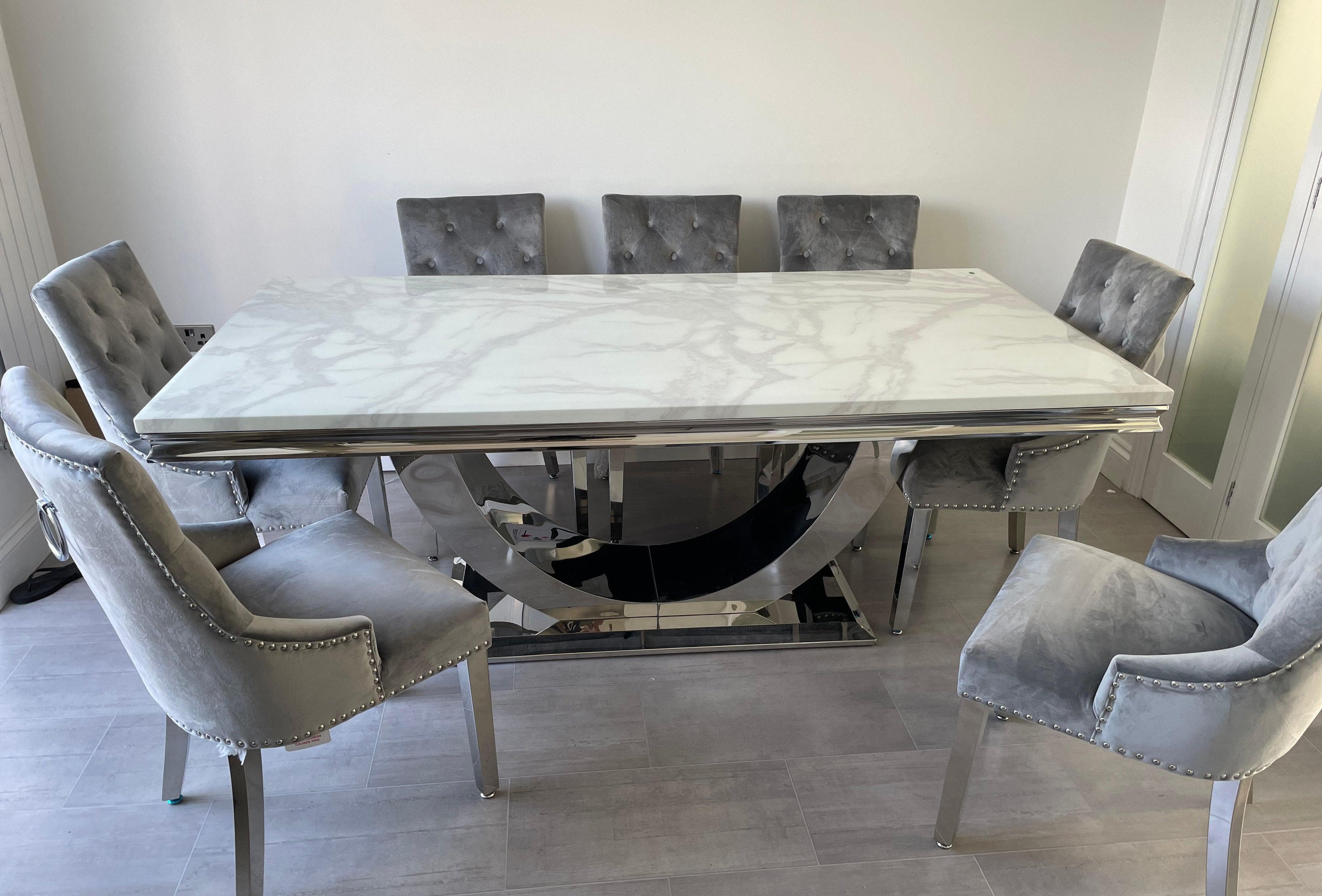 200 cm White Arial Marble Dining Table With 8 Light Grey Lion Knocker Valencia Chairs