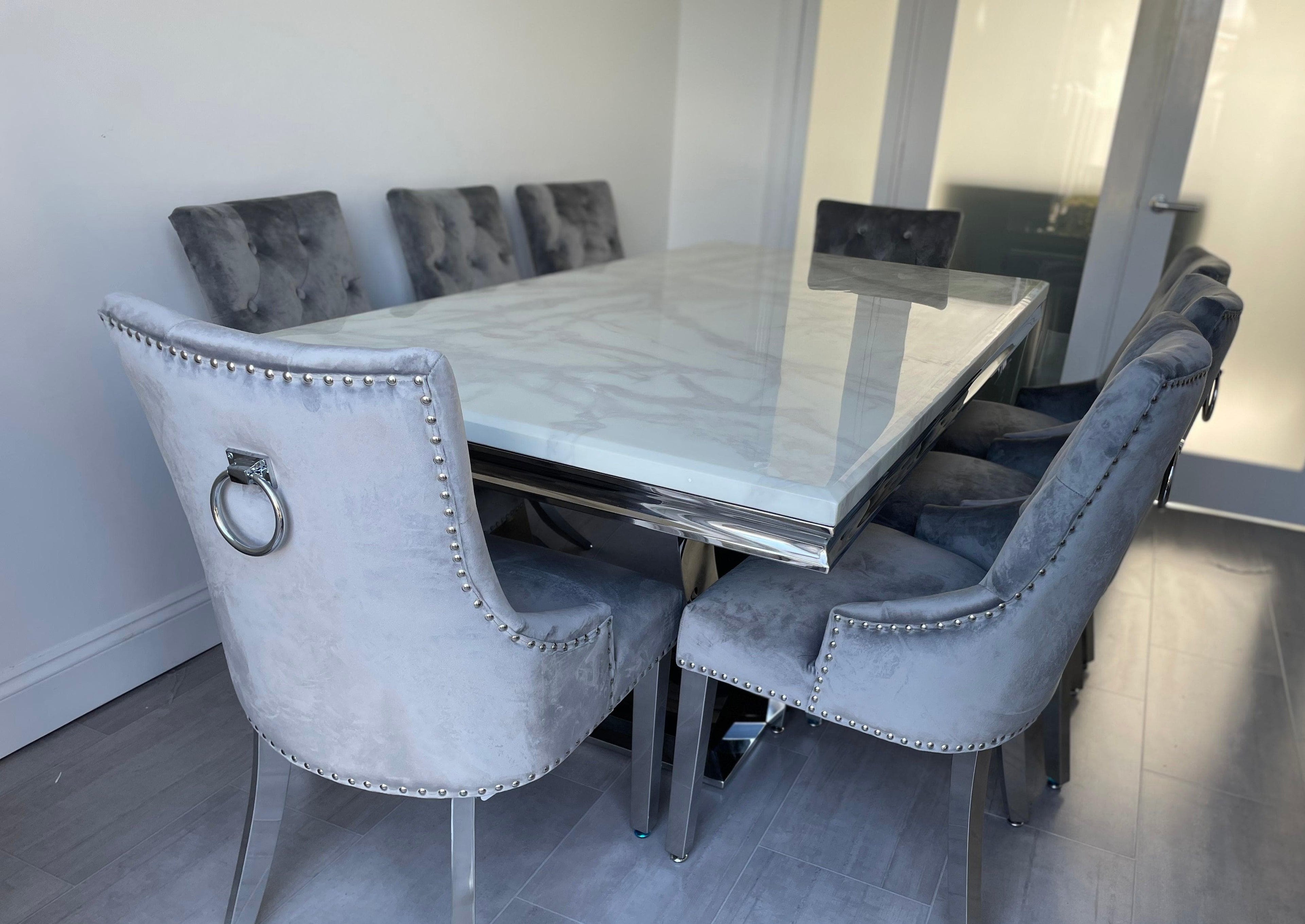 200 cm White Arial Marble Dining Table With 8 Light Grey Lion Knocker Valencia Chairs