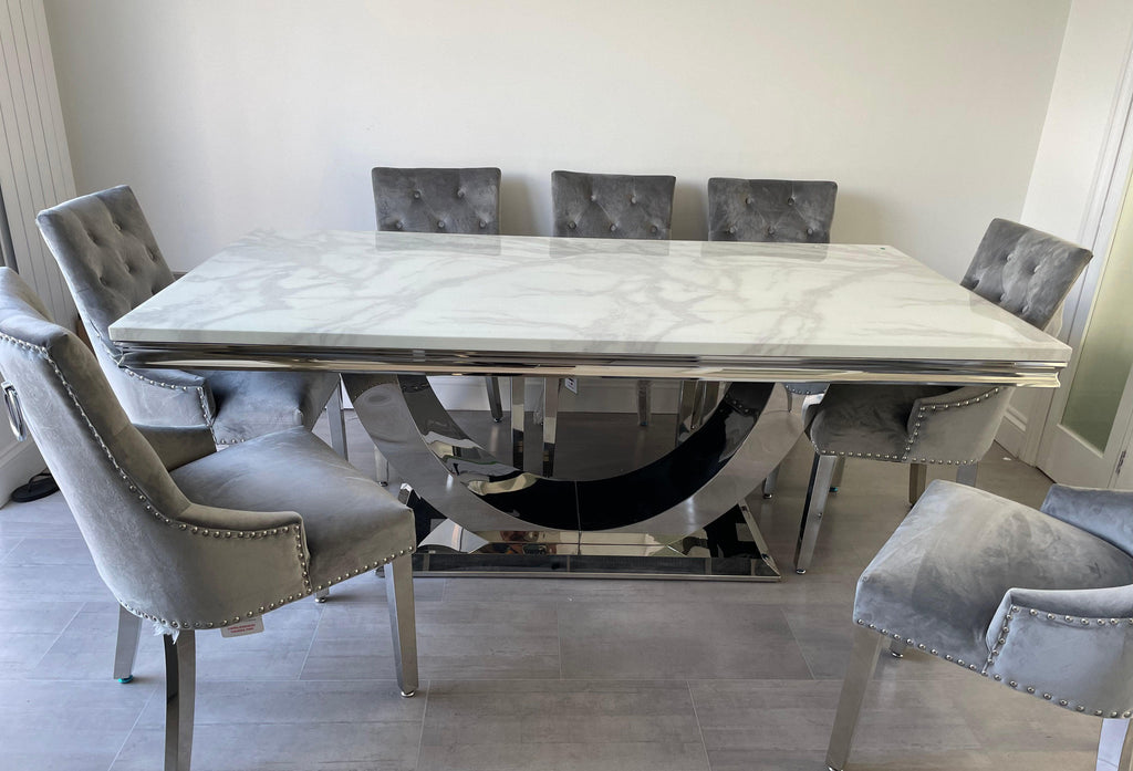200 cm White Arial Marble Dining Table With 8 Light Grey Lion Knocker Valencia Chairs